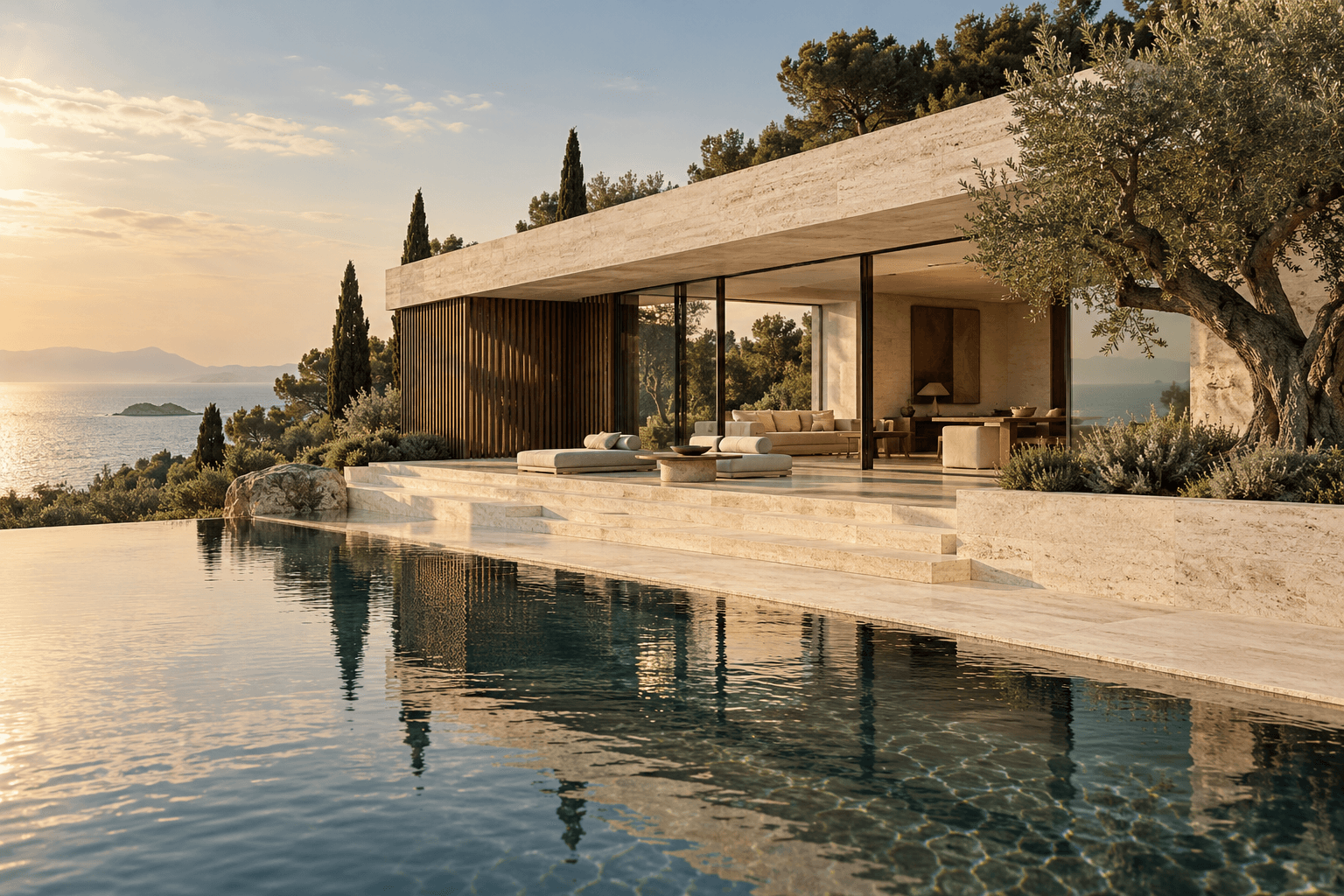 A travertine courtyard house opening onto a still pool and Mediterranean landscape