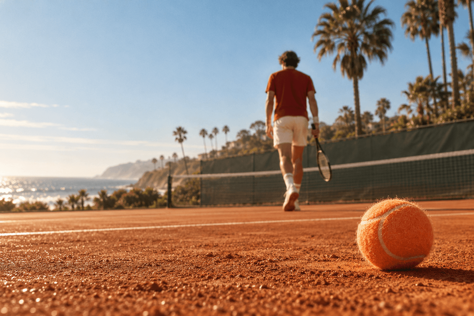 A sunlit terracotta tennis court, with an orange ball in the foreground and a player heading toward the net